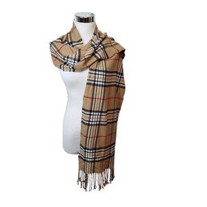 Unbranded Scarf Tan Black White Red Plaid With Fringe Edges 74”x 12.5” Warm Soft